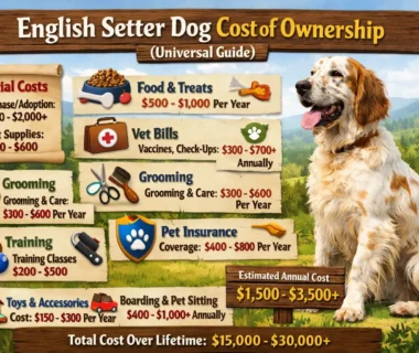 Adult English Setter standing in a yard showing size, coat, and posture for cost and care reference