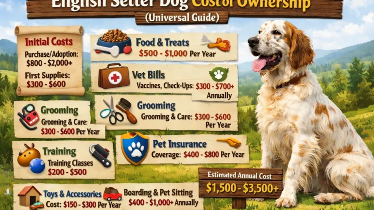Adult English Setter standing in a yard showing size, coat, and posture for cost and care reference