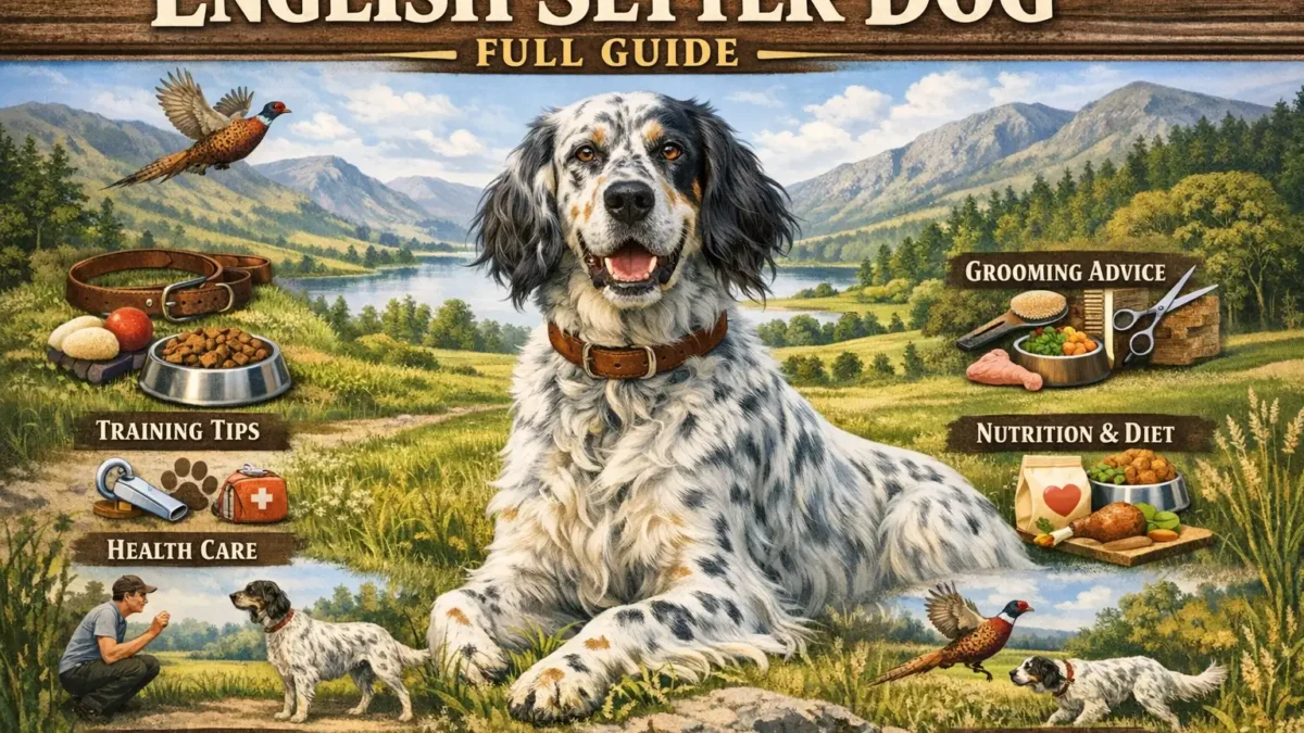 Adult English Setter dog standing in a grassy field with flowing white and orange belton coat