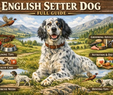 Adult English Setter dog standing in a grassy field with flowing white and orange belton coat