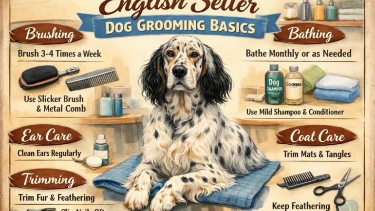 Adult English Setter with silky feathered coat being brushed at home