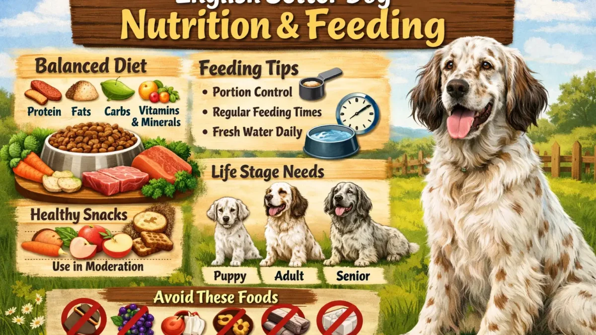 Adult English Setter standing outdoors next to a dog bowl, showing healthy coat and body condition