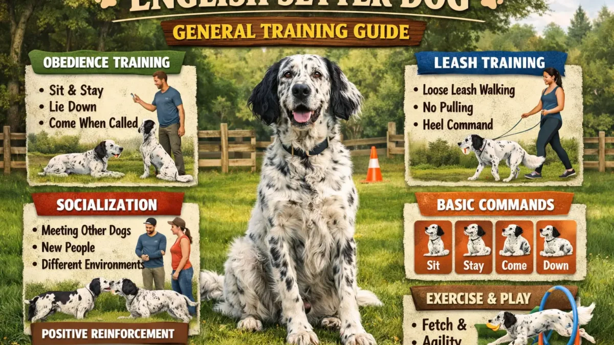 Adult English Setter dog practicing obedience and focus during a training session outdoors