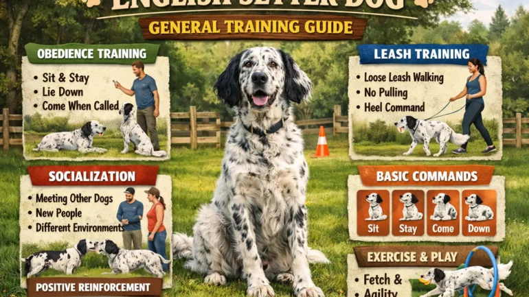 Adult English Setter dog practicing obedience and focus during a training session outdoors