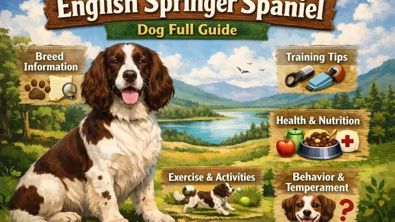 English Springer Spaniel with a black and white coat standing in a field, showing long ears, feathered legs, and friendly expression