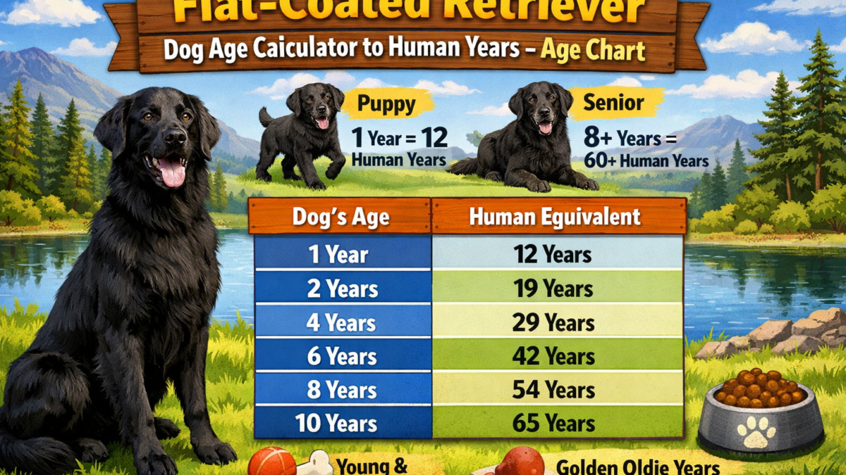 Flat-Coated Retriever standing outdoors with age chart overlay showing dog years to human years