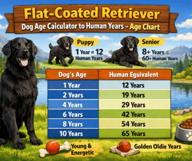 Flat-Coated Retriever standing outdoors with age chart overlay showing dog years to human years