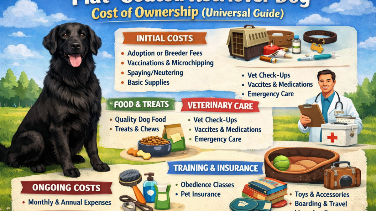 Adult Flat-Coated Retriever standing in a yard, showing shiny black coat and friendly, playful expression