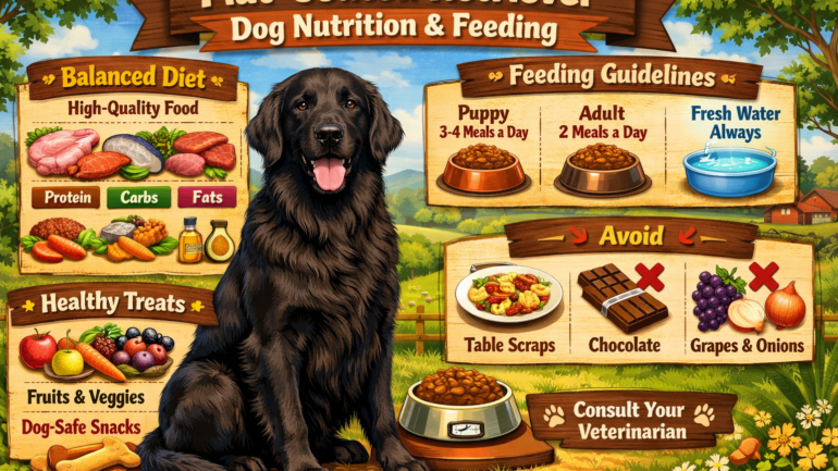 Flat-Coated Retriever eating from a bowl, illustrating proper nutrition and feeding