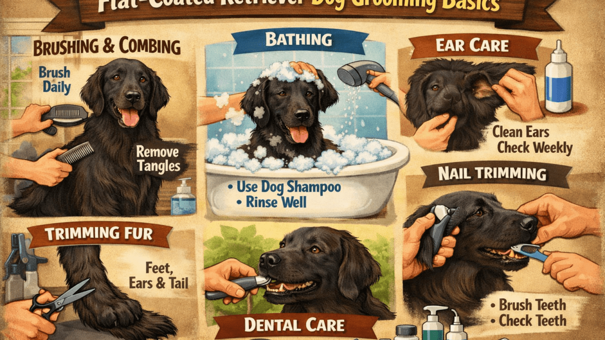 Adult Flat-Coated Retriever being brushed to maintain a shiny, healthy coat