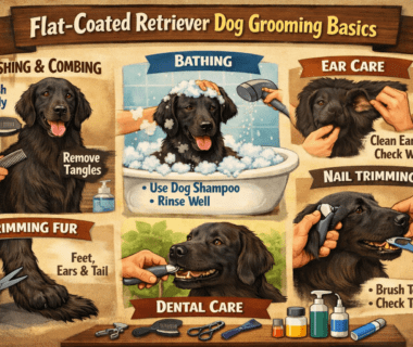Adult Flat-Coated Retriever being brushed to maintain a shiny, healthy coat