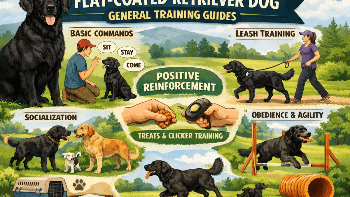 Adult Flat-Coated Retriever practicing obedience and focus during a training session