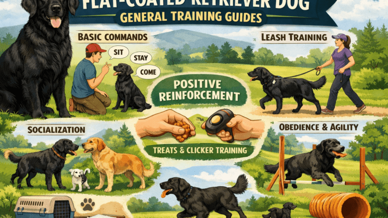 Adult Flat-Coated Retriever practicing obedience and focus during a training session