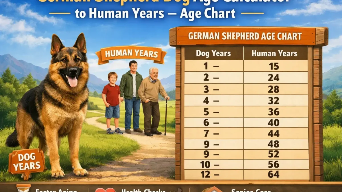 "German Shepherd age calculator chart comparing dog years to human years, showing conversion for puppy, adult, and senior life stages."