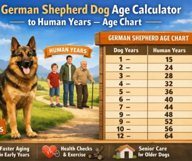"German Shepherd age calculator chart comparing dog years to human years, showing conversion for puppy, adult, and senior life stages."