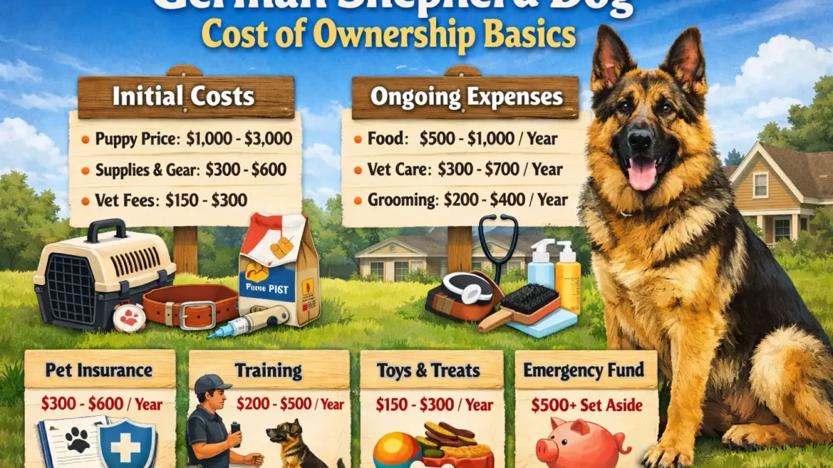 German Shepherd dog sitting in a green field, with a focus on their large size, healthy coat, and loyal expression, representing the true cost of owning a German Shepherd.