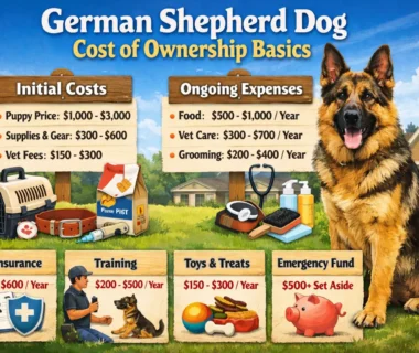 German Shepherd dog sitting in a green field, with a focus on their large size, healthy coat, and loyal expression, representing the true cost of owning a German Shepherd.