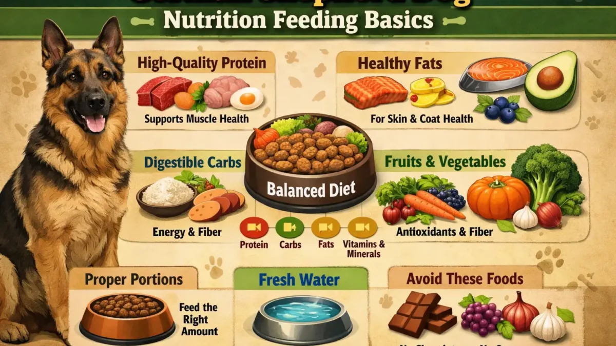 German Shepherd dog eating a balanced meal from a bowl, with healthy nutrition for strong muscles and energy.