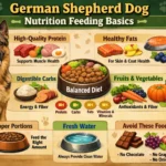 German Shepherd dog eating a balanced meal from a bowl, with healthy nutrition for strong muscles and energy.