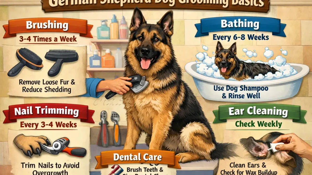 German Shepherd dog being groomed with an undercoat rake, showing a double coat and shedding.
