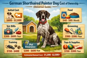 German Shorthaired Pointer dog with exercise and care equipment, reflecting active-breed ownership expenses