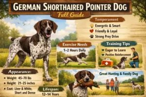 Adult German Shorthaired Pointer dog with liver and white coat, standing outdoors with athletic hunting-dog posture