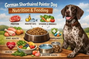 German Shorthaired Pointer dog eating from bowl, representing nutrition for high-energy sporting dogs