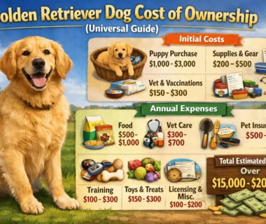 A Golden Retriever dog with a lush coat, sitting outdoors. The image represents the costs and responsibilities of owning a Golden Retriever, from food to healthcare.