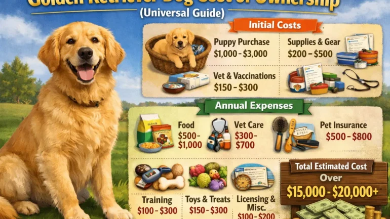 A Golden Retriever dog with a lush coat, sitting outdoors. The image represents the costs and responsibilities of owning a Golden Retriever, from food to healthcare.