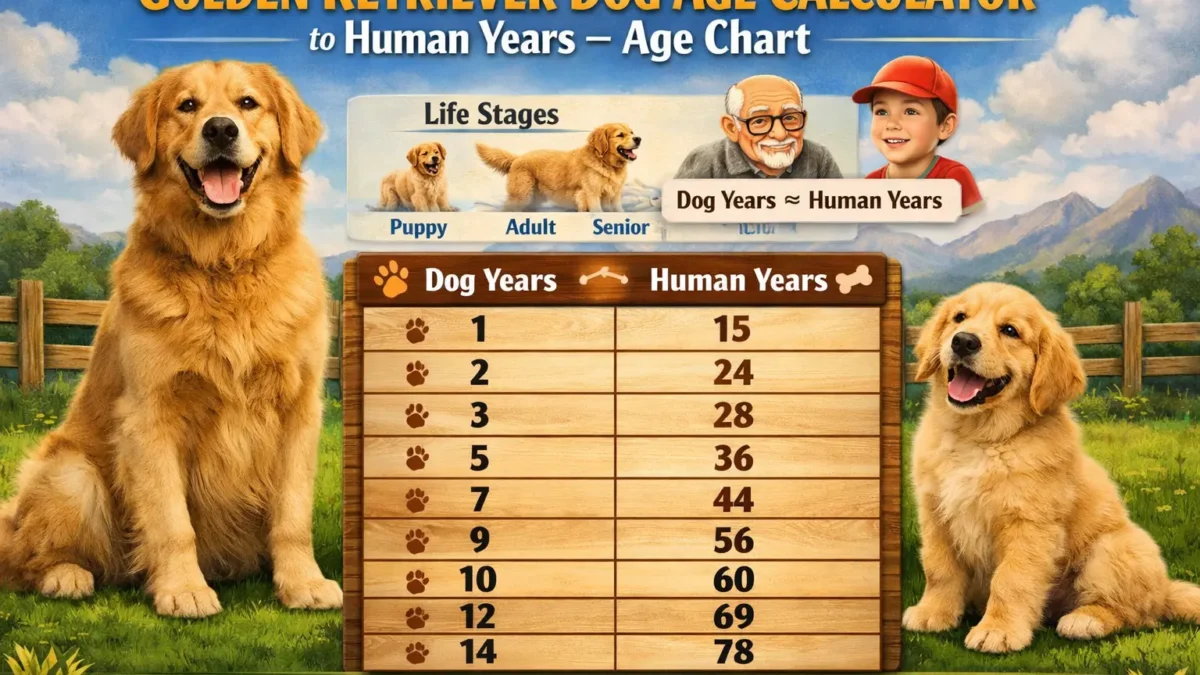 Golden Retriever age to human years conversion chart showing dog years and human years equivalency for different life stages.
