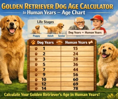 Golden Retriever age to human years conversion chart showing dog years and human years equivalency for different life stages.