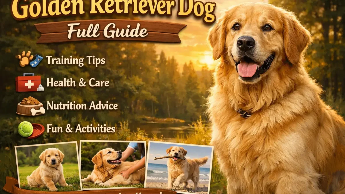 A friendly and loyal Golden Retriever dog with a thick golden coat, enjoying outdoor playtime with its owner in a park.