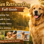 A friendly and loyal Golden Retriever dog with a thick golden coat, enjoying outdoor playtime with its owner in a park.