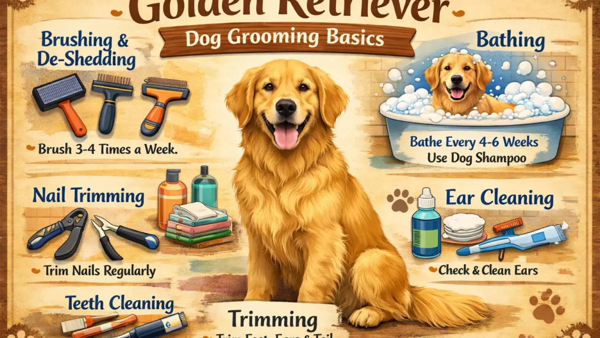 Golden Retriever being brushed as part of a regular grooming routine, showcasing the breed’s thick double coat.