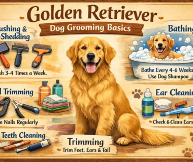Golden Retriever being brushed as part of a regular grooming routine, showcasing the breed’s thick double coat.