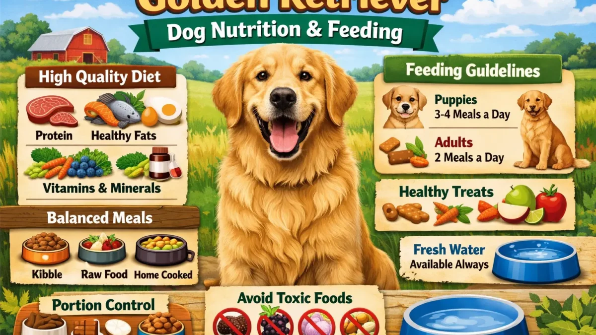 A healthy Golden Retriever eating nutritious dog food, representing the importance of a balanced diet for this breed.