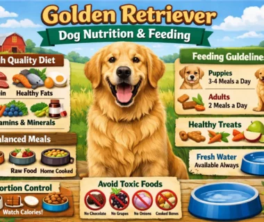 A healthy Golden Retriever eating nutritious dog food, representing the importance of a balanced diet for this breed.