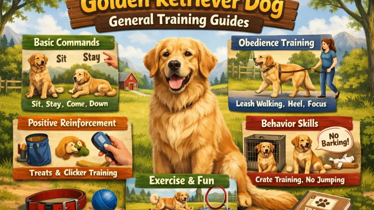 Golden Retriever puppy learning basic commands like sit and stay, with a focus on obedience training.