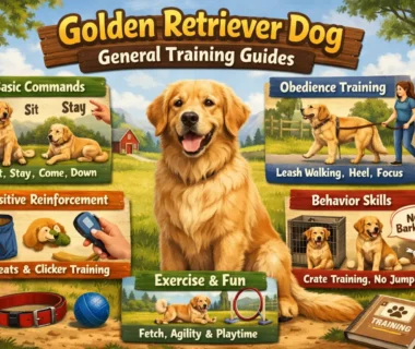 Golden Retriever puppy learning basic commands like sit and stay, with a focus on obedience training.