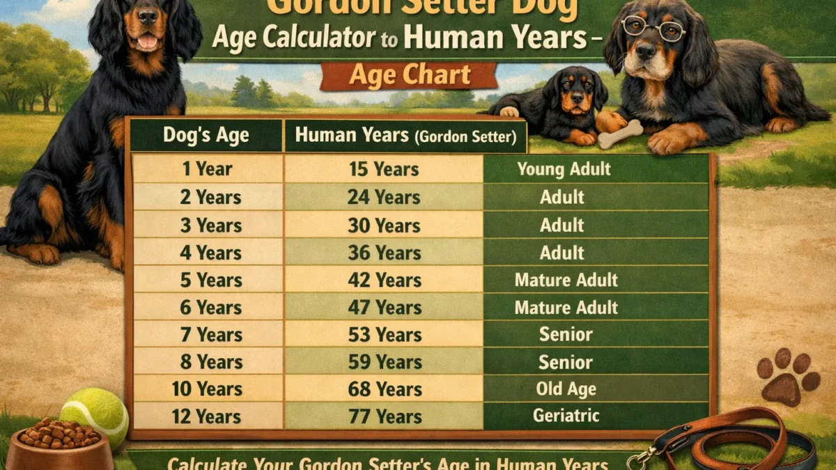 Gordon Setter dog age calculator chart showing human year equivalents for different dog ages. Includes puppy to senior stage