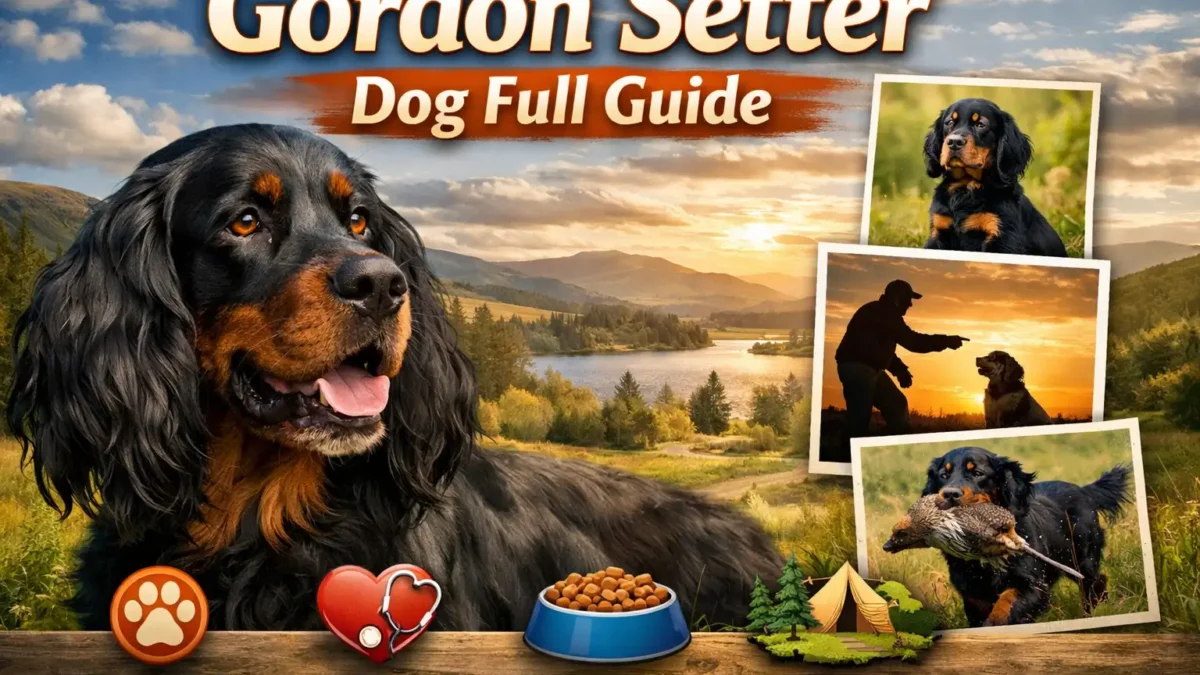 Adult Gordon Setter dog standing in a grassy field, showing black and tan coat and feathered legs