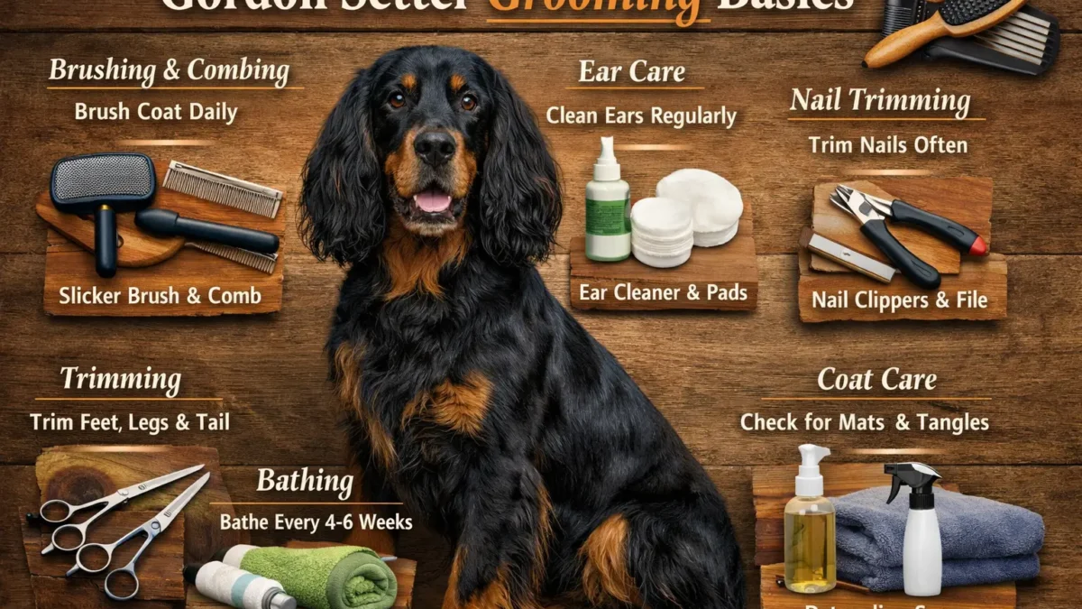 Gordon Setter dog being groomed, showcasing long, silky coat with feathering on legs, chest, and tail.