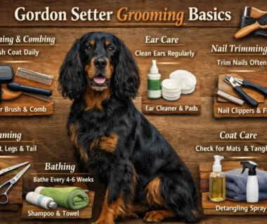 Gordon Setter dog being groomed, showcasing long, silky coat with feathering on legs, chest, and tail.