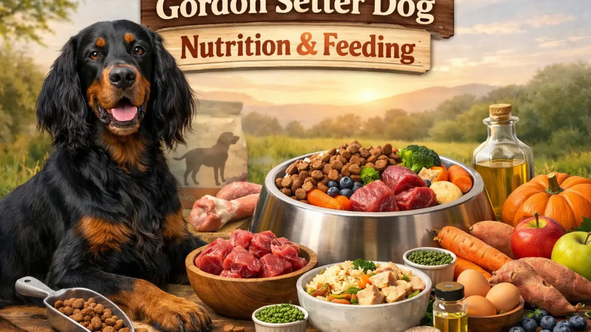 A Gordon Setter dog with a shiny black and tan coat, standing outdoors, representing optimal health and nutrition.