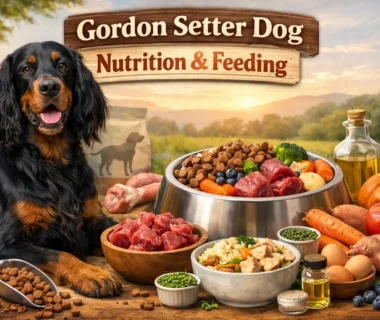 A Gordon Setter dog with a shiny black and tan coat, standing outdoors, representing optimal health and nutrition.