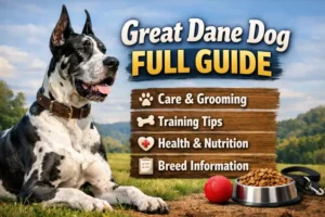 Very tall Great Dane dog standing beside an adult person, highlighting the breed’s towering height, lean frame, short coat, and gentle expression in common black and fawn colors.