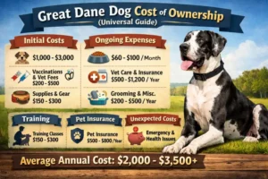 Great Dane dog resting indoors with family members, representing long-term costs such as food, veterinary care, training, and space requirements for giant breeds.