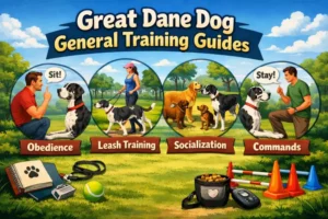 Great Dane dog calmly responding to training cues, showing the breed’s friendly temperament, large size, and cooperative behavior in an open environment.