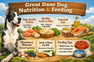Great Dane dog eating from a raised bowl, illustrating appropriate feeding posture, portion control, and nutritional support for a giant-breed dog.
