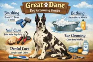Short-haired Great Dane dog being brushed, showing the breed’s smooth coat, minimal grooming needs, and large but lean body structure.